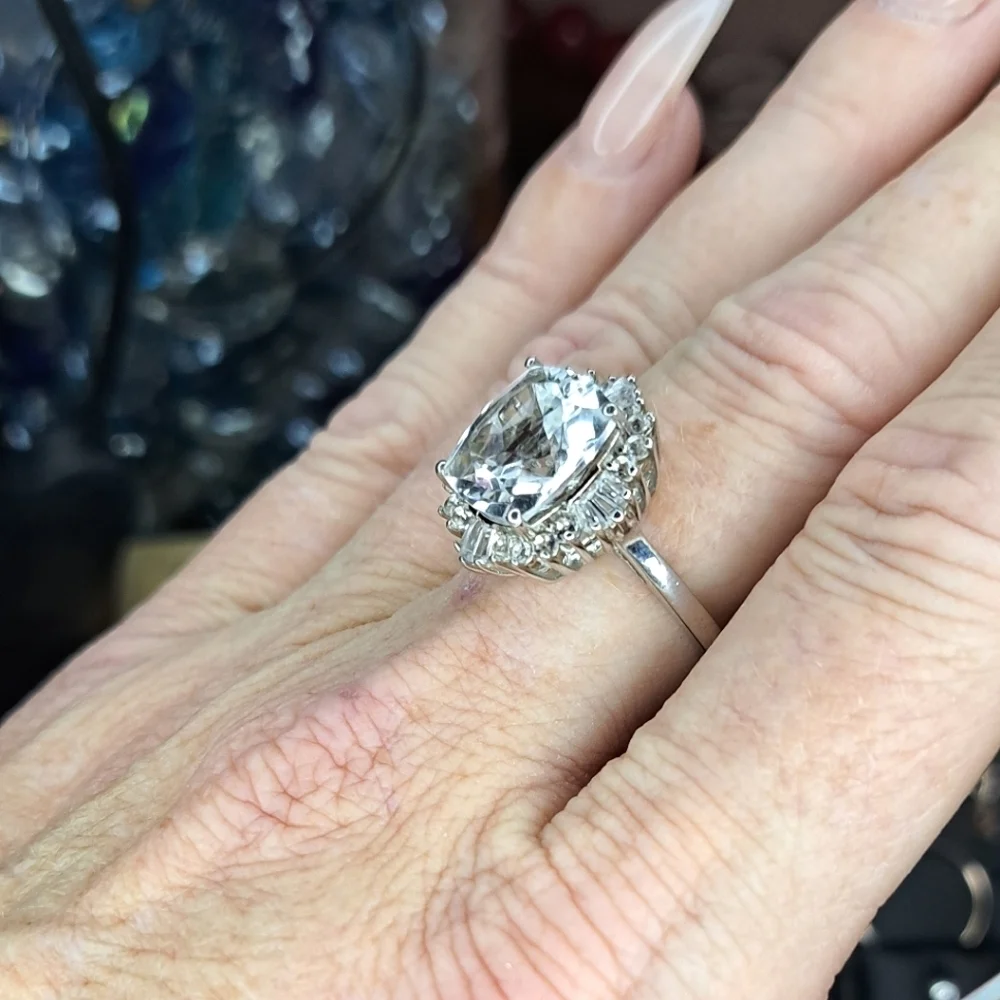 Natural Topaz Halo Ring In 925 Sterling Silver.